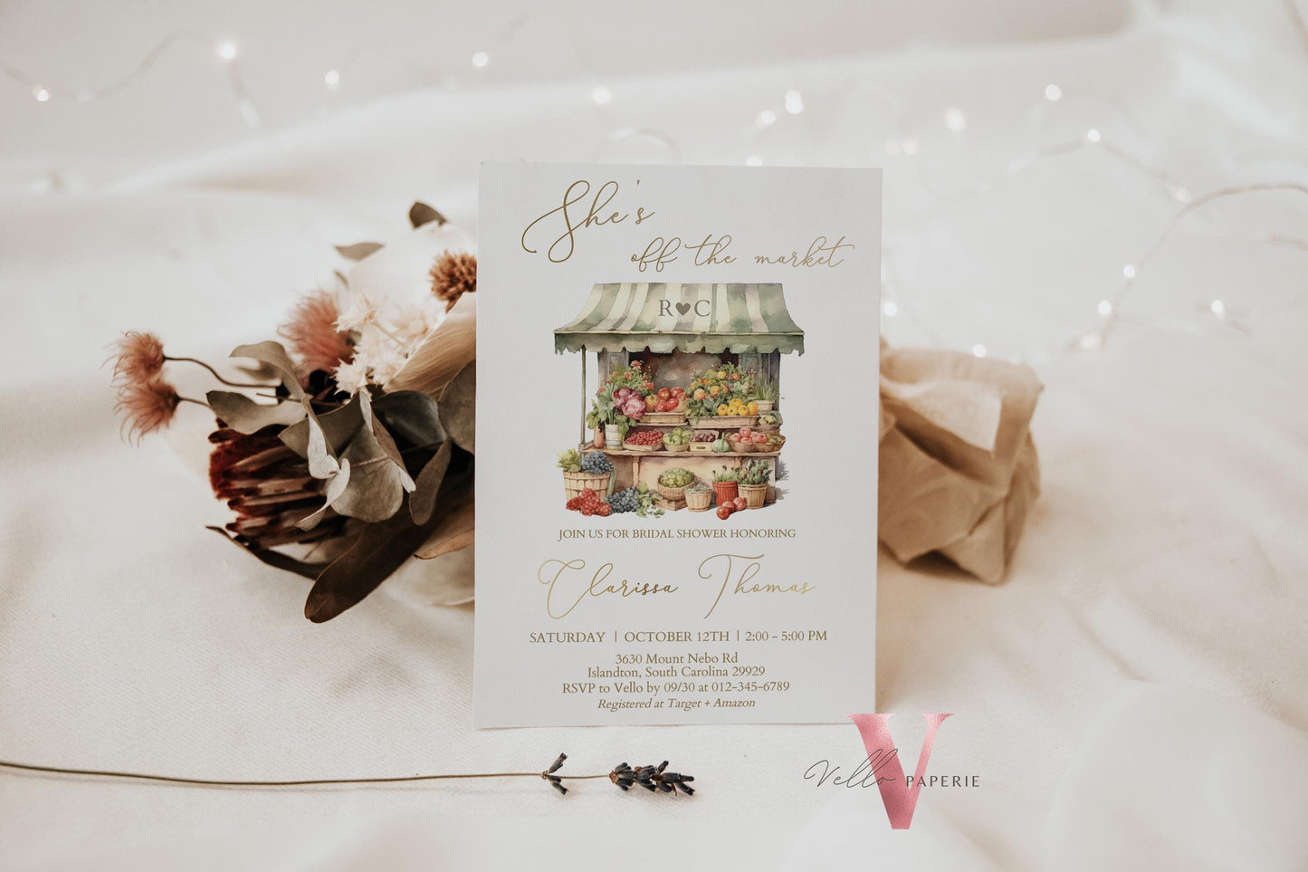 Off the Market Bridal Shower Party Invitation | She's off the Market Invite | Flower Fruit Store Watercolor Glitter Gold Instant Template