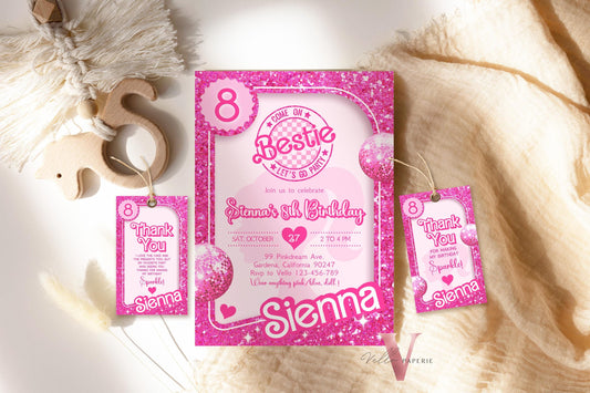 Glam Pink Sparkle Fashion Doll Box Birthday Invitation | Disco Ball Pink Doll Glitter Come On Lets Go Party Invite Instant Template