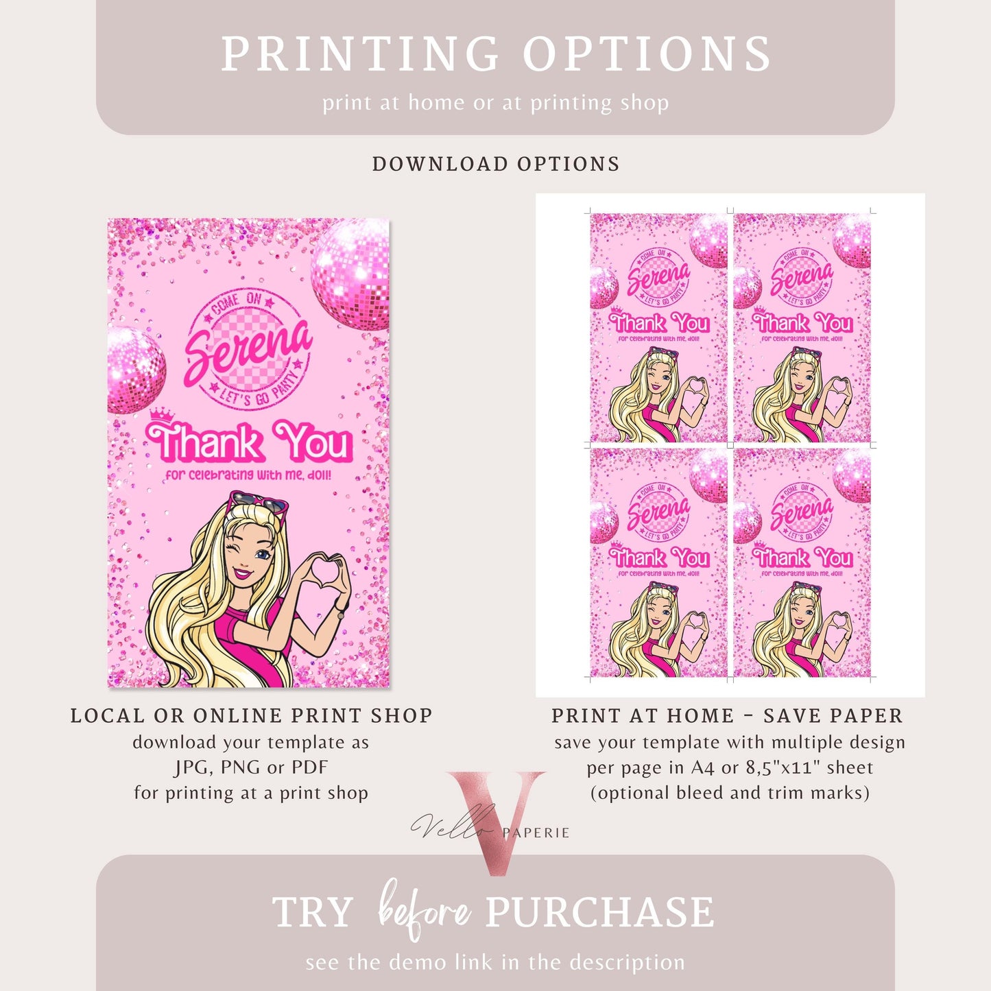 Glam Pink Sparkle Fashion Doll Box Birthday Thankyou Card | Disco Ball Pink Doll Glitter Come On Lets Go Party Favor Tag | Gift Tag Instant
