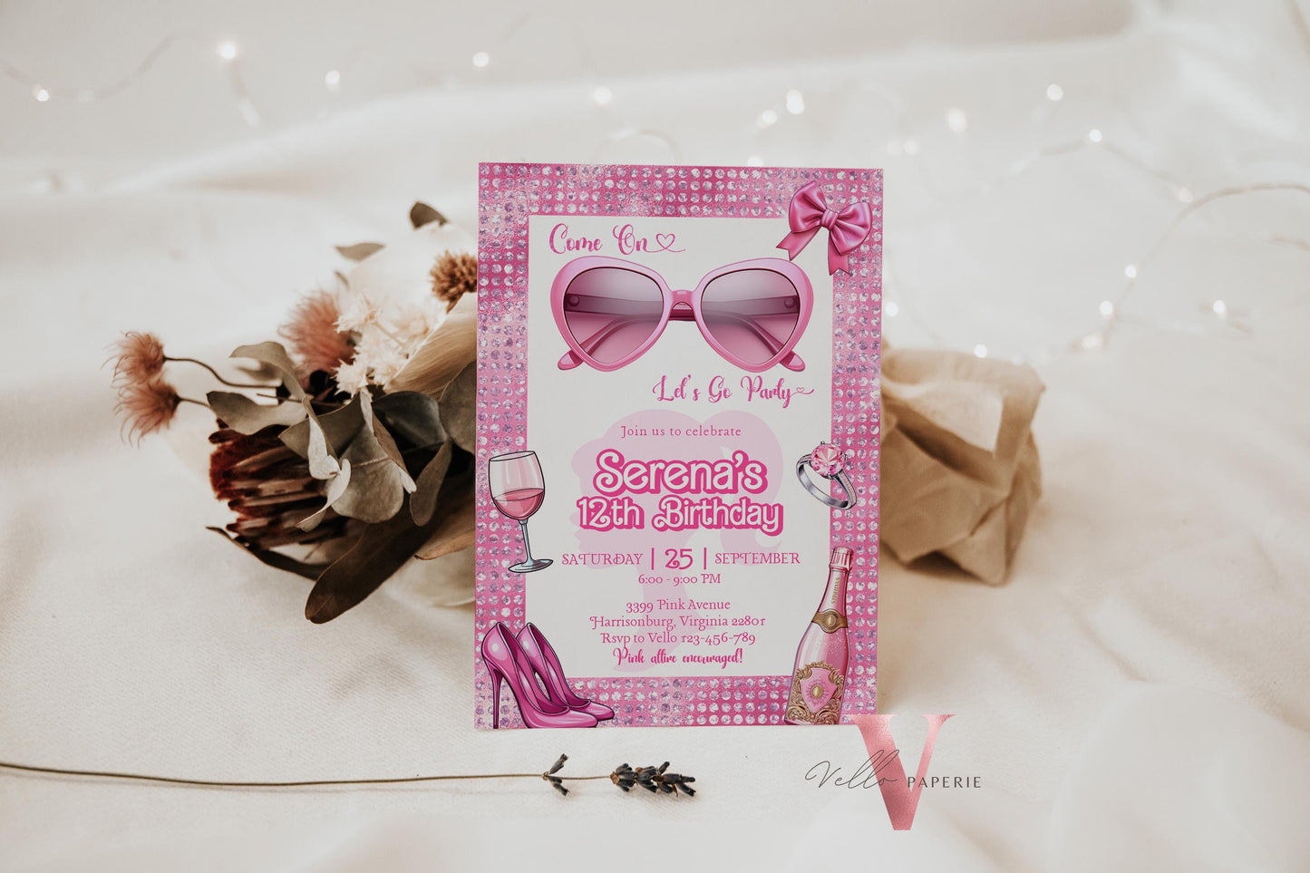 Glam Sunglasses Pink Fashion Doll Birthday Invitation | Barb Princess Pink Doll Glitter Come On Lets Go Pink Party Invite Instant Template