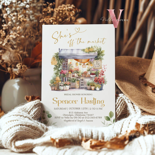 Fresh Off the Market Bridal Shower Party Invitation | She's off the Market Invite | Flower Store Watercolor Glitter Gold Instant Template