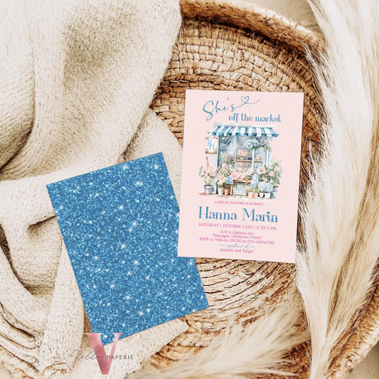 Fresh Off the Market BridalShower Party Invitation | She's Off the Market Invite | Flower Shop Watercolor Glitter Pink Blue Instant Template