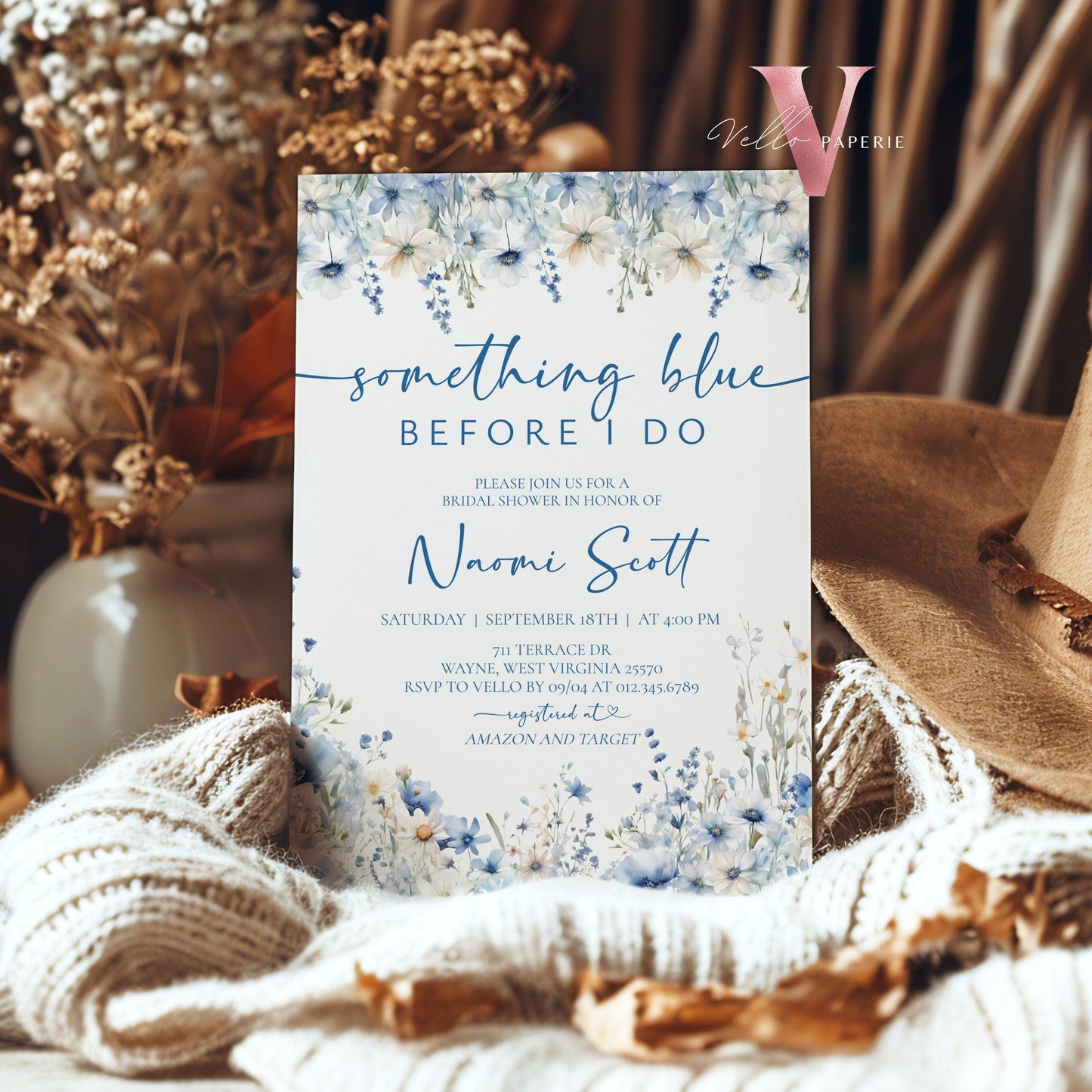 Something Blue before I DO Bridal Shower Party Invitation | Blue Wildflower Watercolor Invite | Blue Flower Bride to Be Instant Template