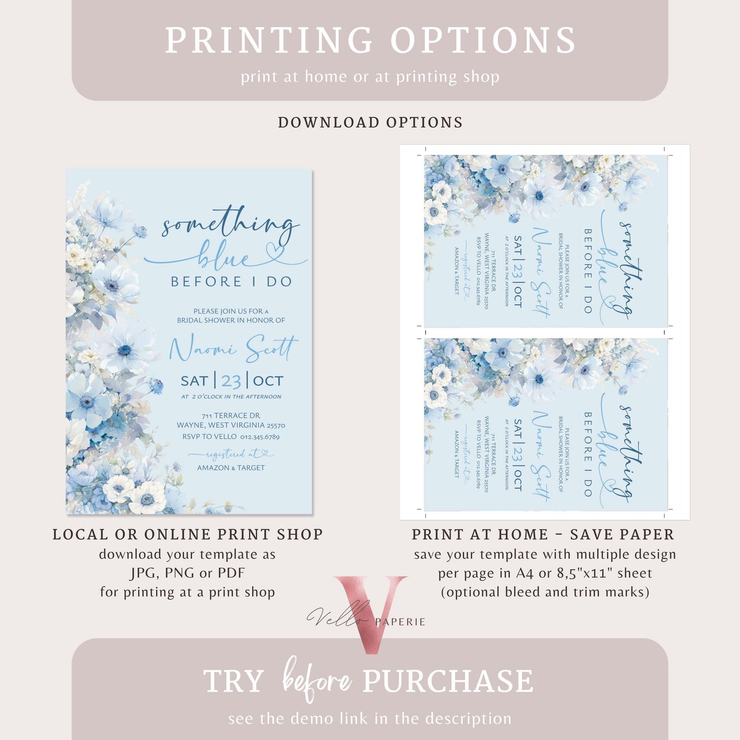Something Blue before I DO Bridal Shower Party Invitation | Blue Flower Watercolor Invite | Modern Blue Botanical BridetoBe Instant Template