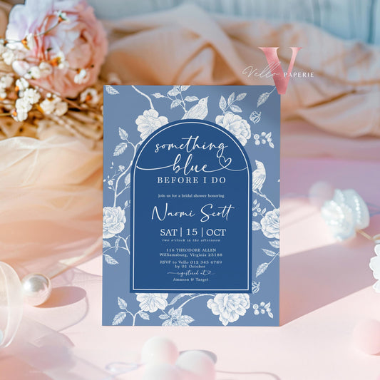 Something Blue before I DO Bridal Shower Party Invitation | Blue Toile de Juoy Flower Invite | Arch Vintage Blue Botanical BridetoBe Instant