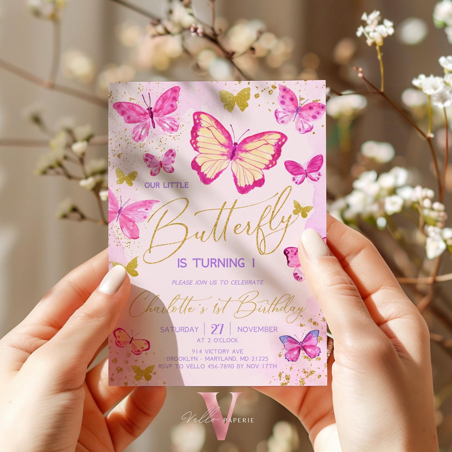 Pink Gold Glitter Watercolor Butterfly Birthday Party Invitation | A little butterfly Any Age Party Invite | Pink Sparkle Butterfly Card