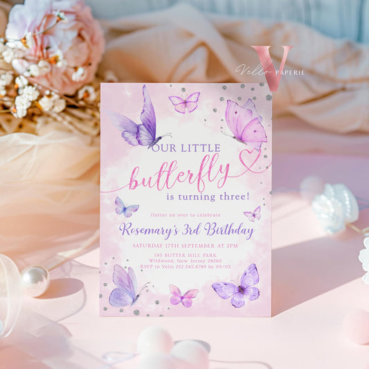 Pink Purple Silver Glitter Watercolor Butterfly Birthday Party Invitation | A little Butterfly ANY AGE Party Invite | Sparkle Butterfly
