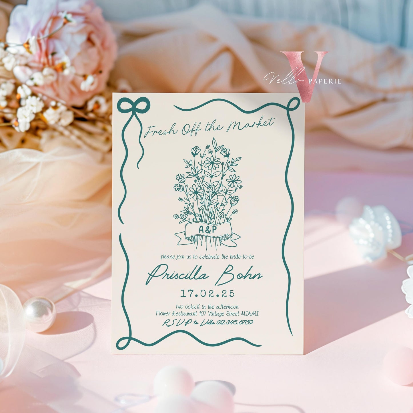 Handdrawn Fresh Off the Market Bridal Shower Invitation | Minimalist She's off the Market Invite | Flower Bouquet Bride Instant Template