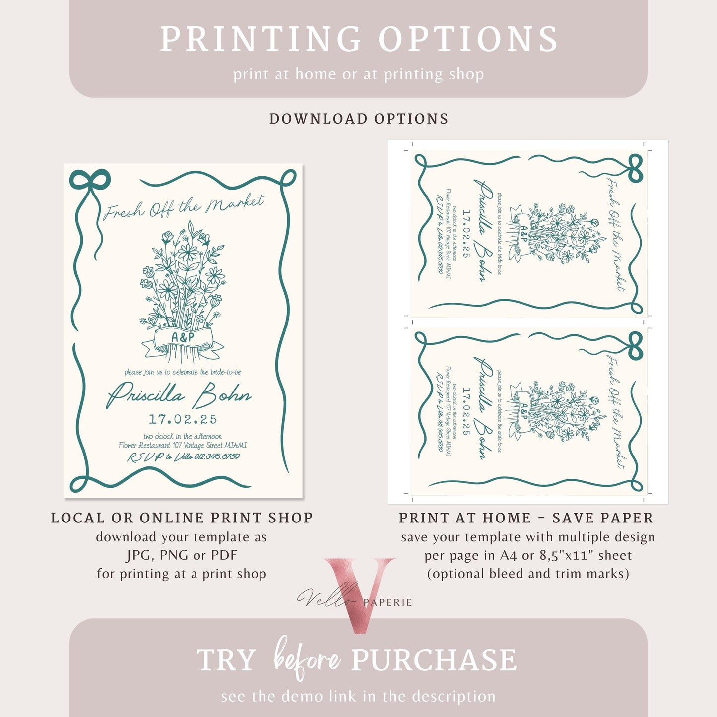 Handdrawn Fresh Off the Market Bridal Shower Invitation | Minimalist She's off the Market Invite | Flower Bouquet Bride Instant Template