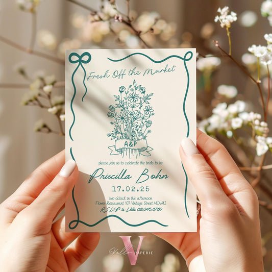 Handdrawn Fresh Off the Market Bridal Shower Invitation | Minimalist She's off the Market Invite | Flower Bouquet Bride Instant Template