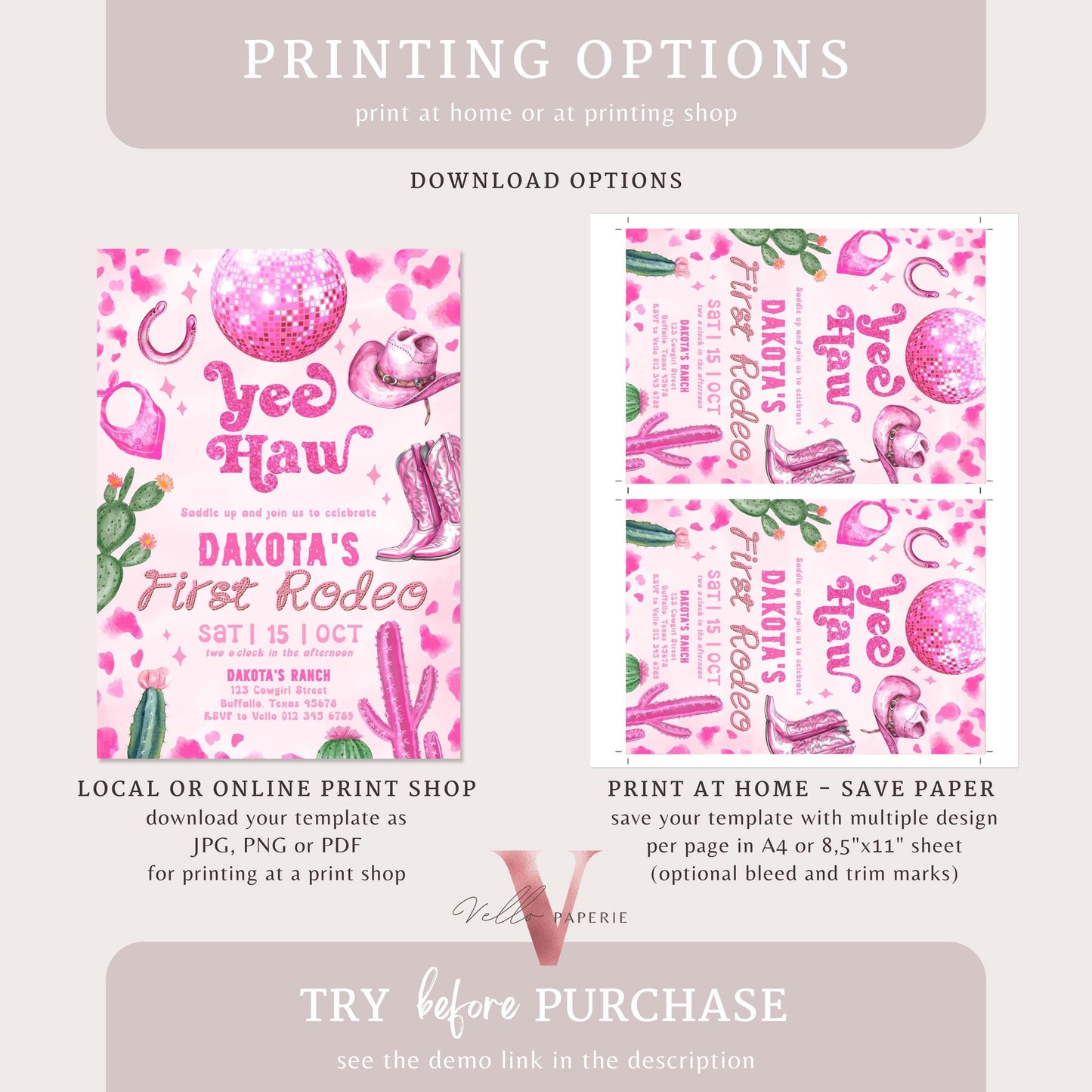 Editable Any AGE Space Cowgirl Birthday Invitation | Pink Disco Cowgirl Party Invite | Girl Rodeo Disco Western Nashville Party Template