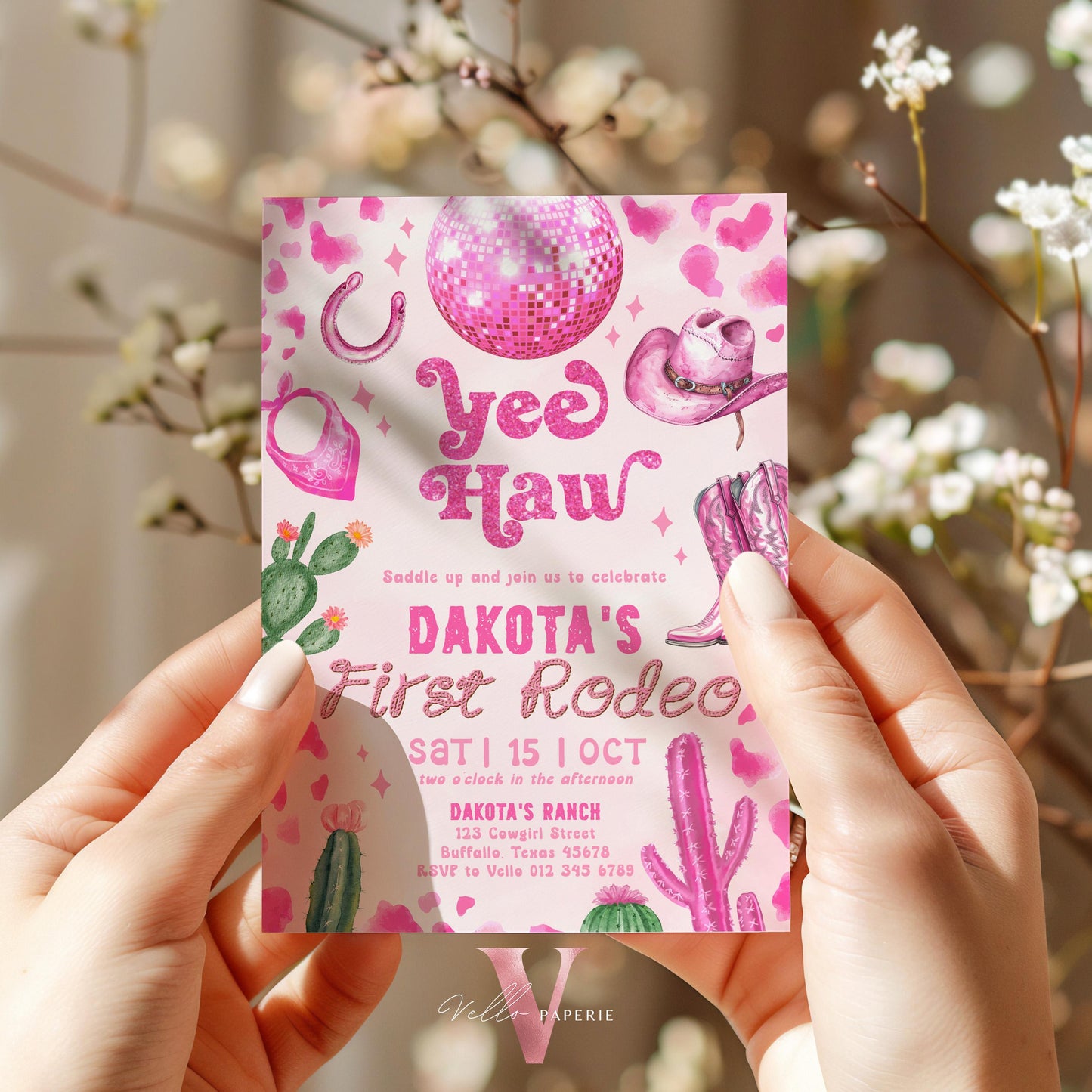 Editable Any AGE Space Cowgirl Birthday Invitation | Pink Disco Cowgirl Party Invite | Girl Rodeo Disco Western Nashville Party Template