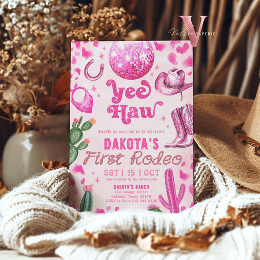 Editable Any AGE Space Cowgirl Birthday Invitation | Pink Disco Cowgirl Party Invite | Girl Rodeo Disco Western Nashville Party Template