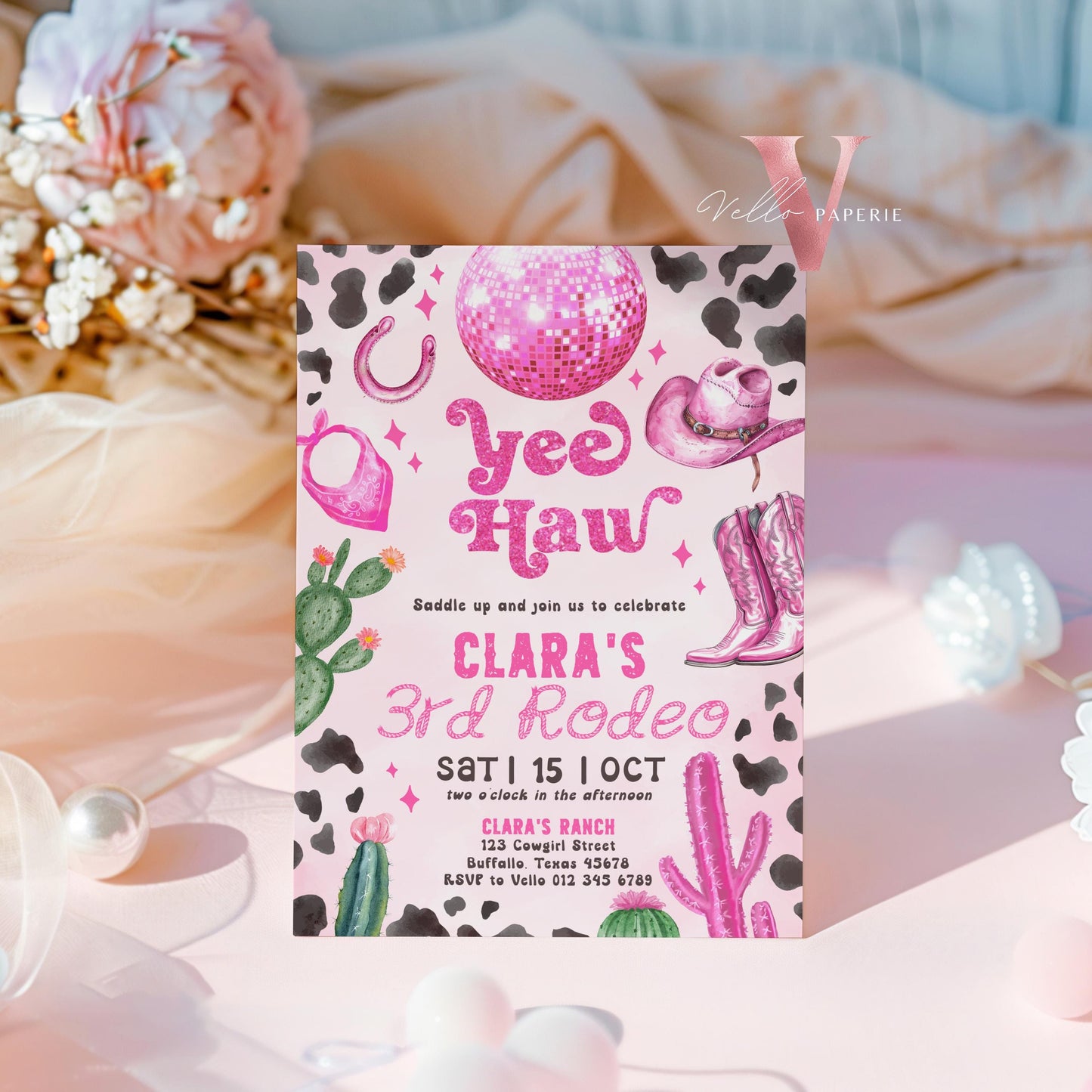 Editable Any AGE Space Cowgirl Birthday Invitation | Pink Disco Cowgirl Party Invite | Girl Rodeo Disco Western Nashville Party Template