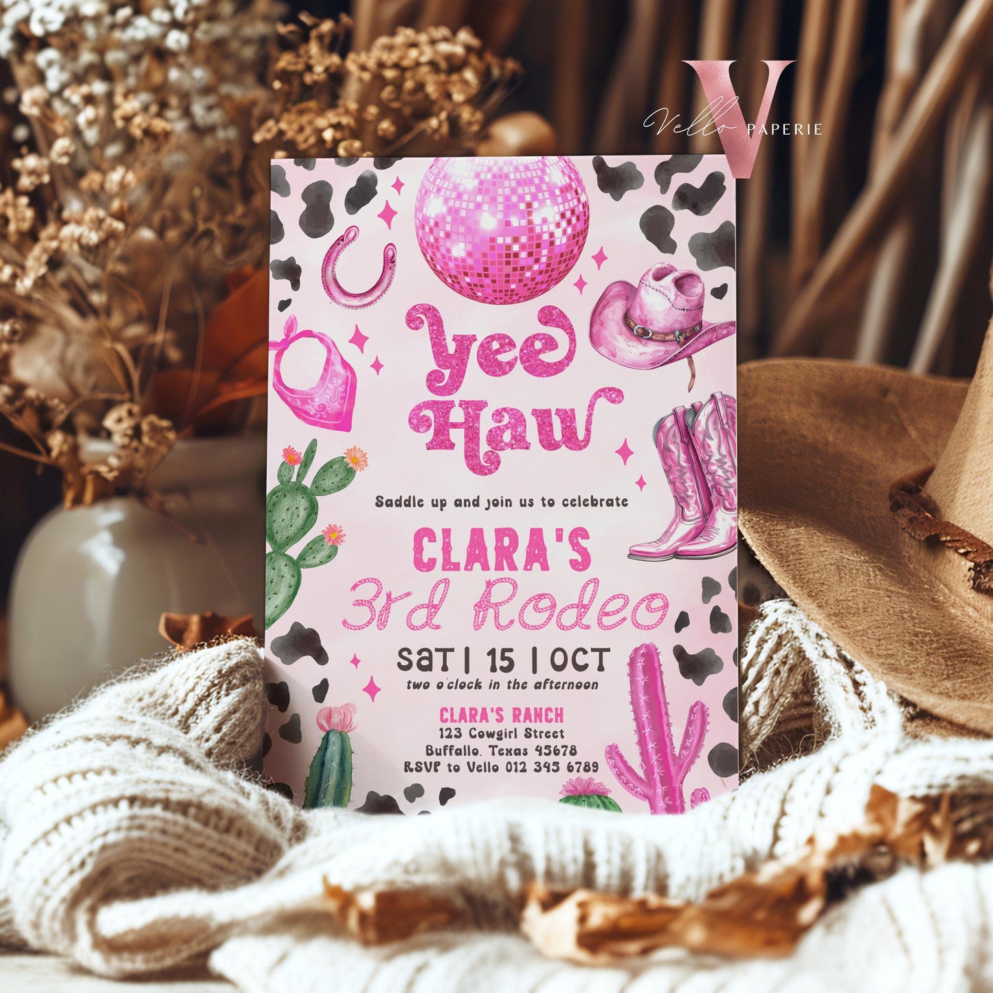 Editable Any AGE Space Cowgirl Birthday Invitation | Pink Disco Cowgirl Party Invite | Girl Rodeo Disco Western Nashville Party Template