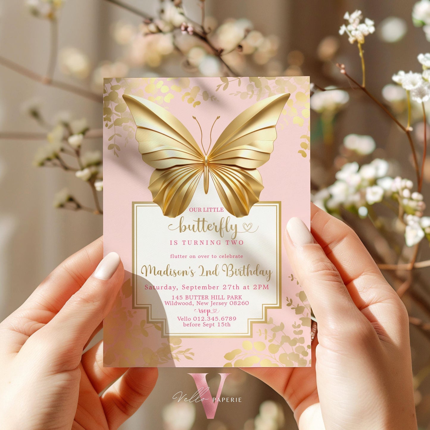 Minimal Pink Gold Butterfly Birthday Party Invitation | A little butterfly Any Age Birthday Party Invite | Our Little Butterfly Pink Templat