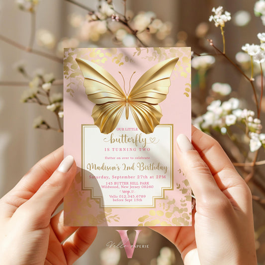 Minimal Pink Gold Butterfly Birthday Party Invitation | A little butterfly Any Age Birthday Party Invite | Our Little Butterfly Pink Templat