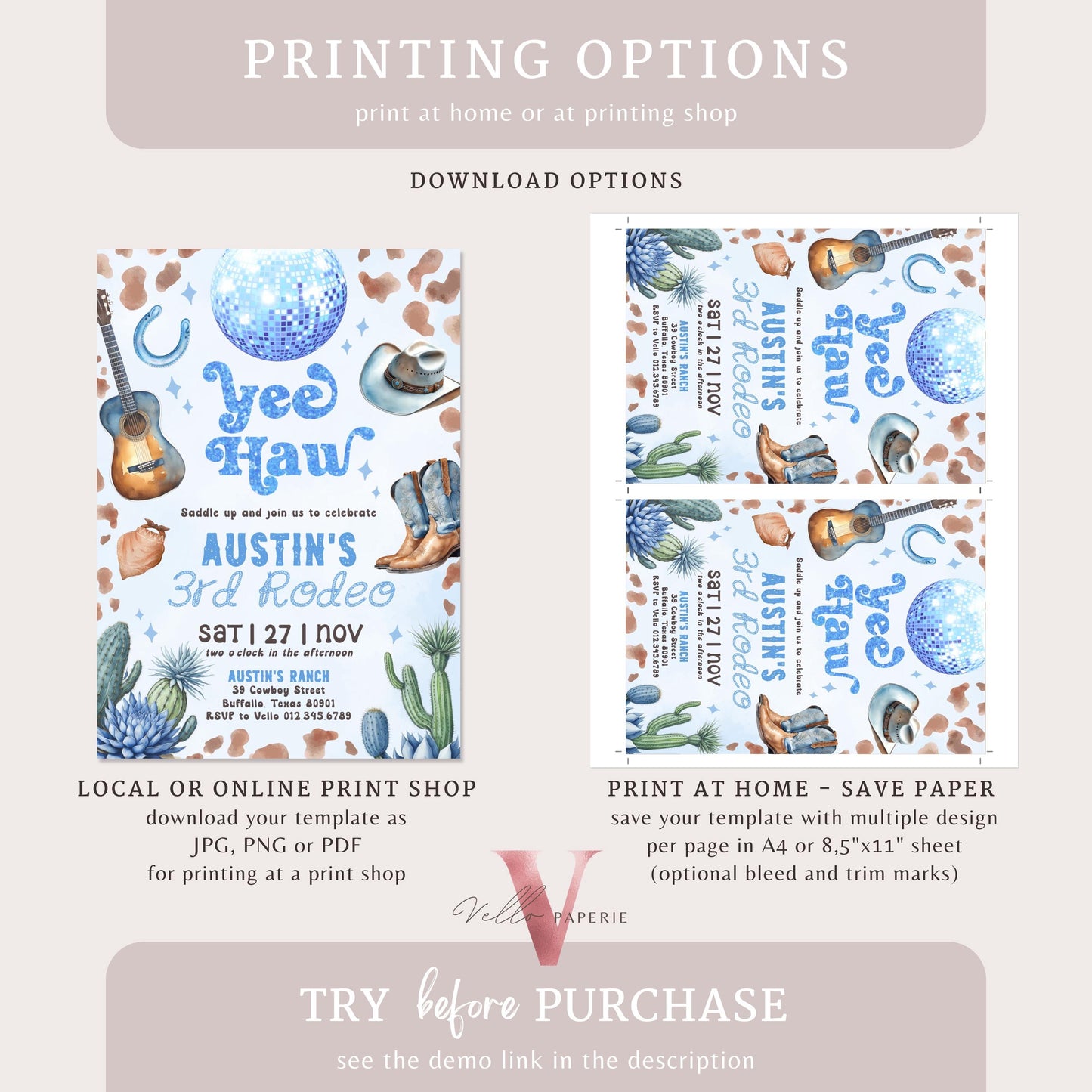 Editable Any AGE Space Cowboy Birthday Invitation | Blue Disco Cowboy Party Invite | Boy Rodeo Disco Western Nashville Party Template