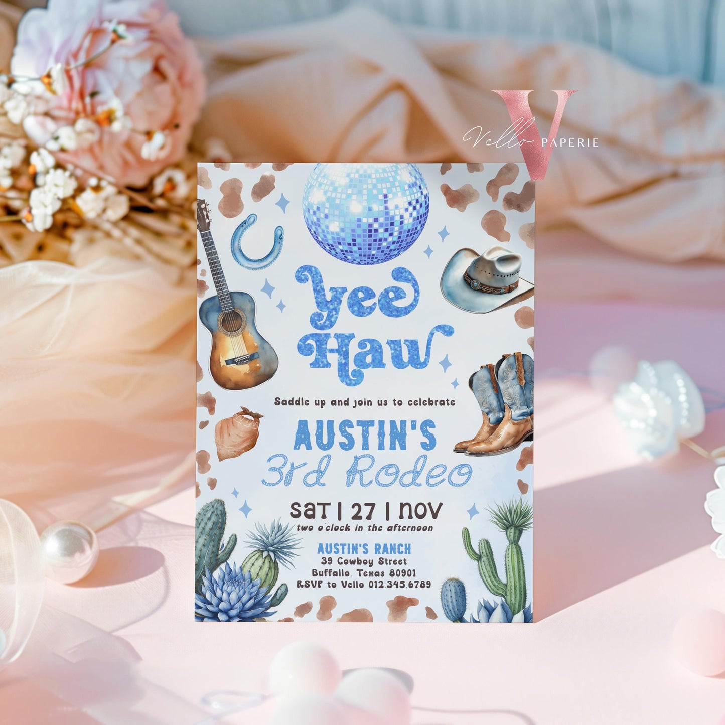 Editable Any AGE Space Cowboy Birthday Invitation | Blue Disco Cowboy Party Invite | Boy Rodeo Disco Western Nashville Party Template