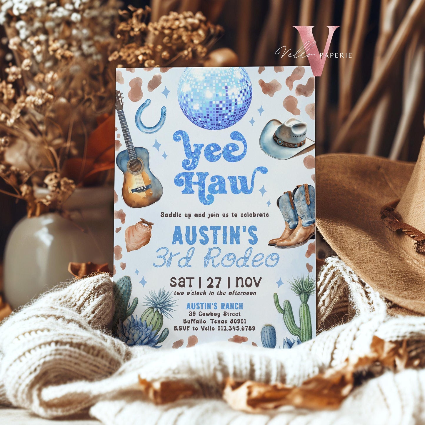 Editable Any AGE Space Cowboy Birthday Invitation | Blue Disco Cowboy Party Invite | Boy Rodeo Disco Western Nashville Party Template