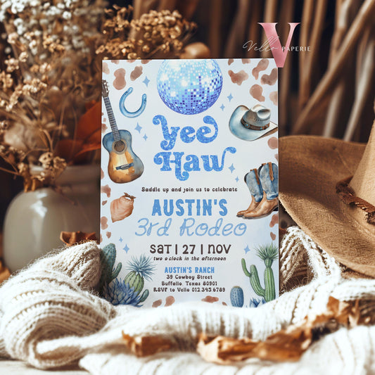 Editable Any AGE Space Cowboy Birthday Invitation | Blue Disco Cowboy Party Invite | Boy Rodeo Disco Western Nashville Party Template