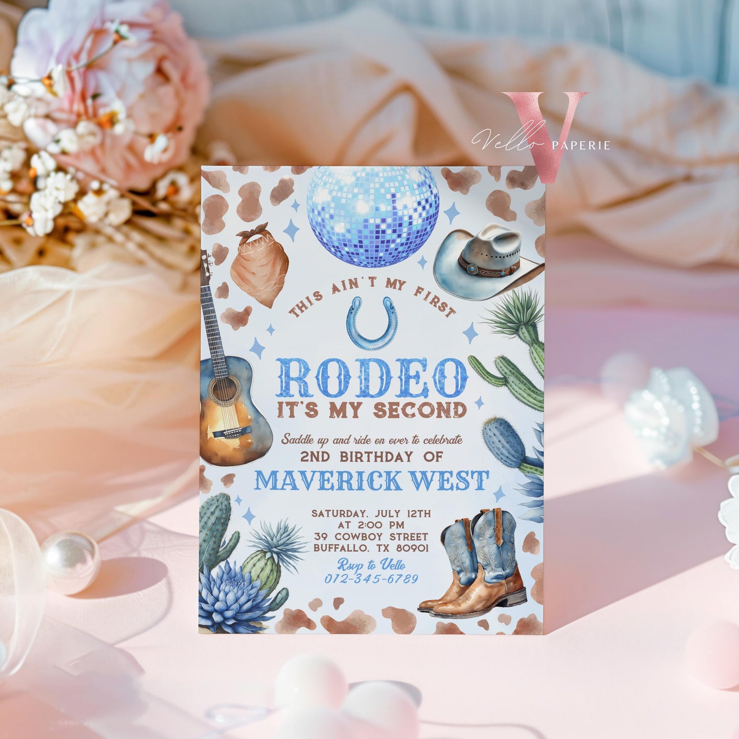 Full Edit Ain't First Rodeo Space Cowboy Birthday Invitation | Blue Disco Cowboy Party Invite | Any Age Rodeo Disco Western NashvilleParty