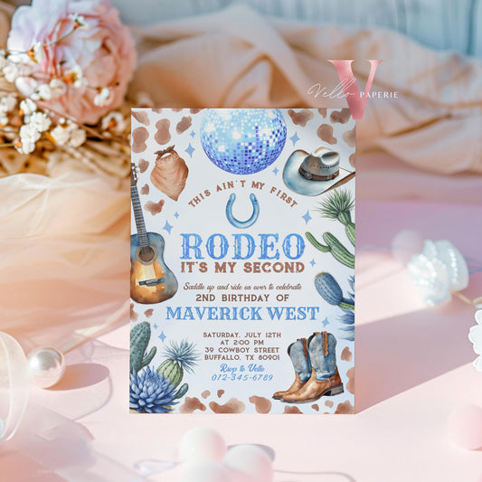 Full Edit Ain't First Rodeo Space Cowboy Birthday Invitation | Blue Disco Cowboy Party Invite | Any Age Rodeo Disco Western NashvilleParty