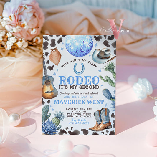 Full Edit Ain't First Rodeo Space Cowboy Birthday Invitation | Blue Disco Cowboy Party Invite | Any Age Rodeo Disco Western NashvilleParty