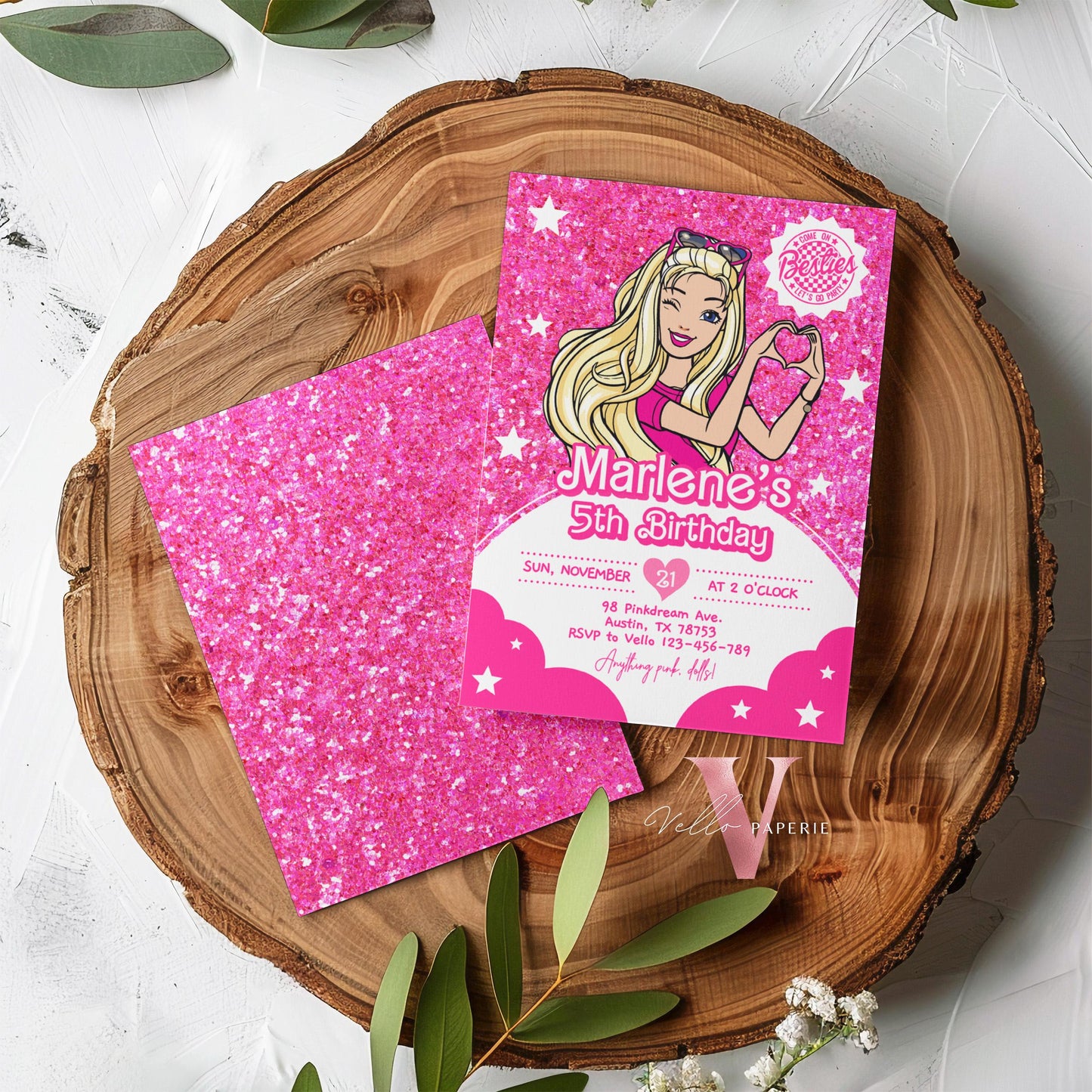 Editable Fashion Pink Doll Sparkle Cartoon Birthday Invitation | Pink Doll Glitter | Cute Pink Barbi Princess Party Invite Instant  HPD02