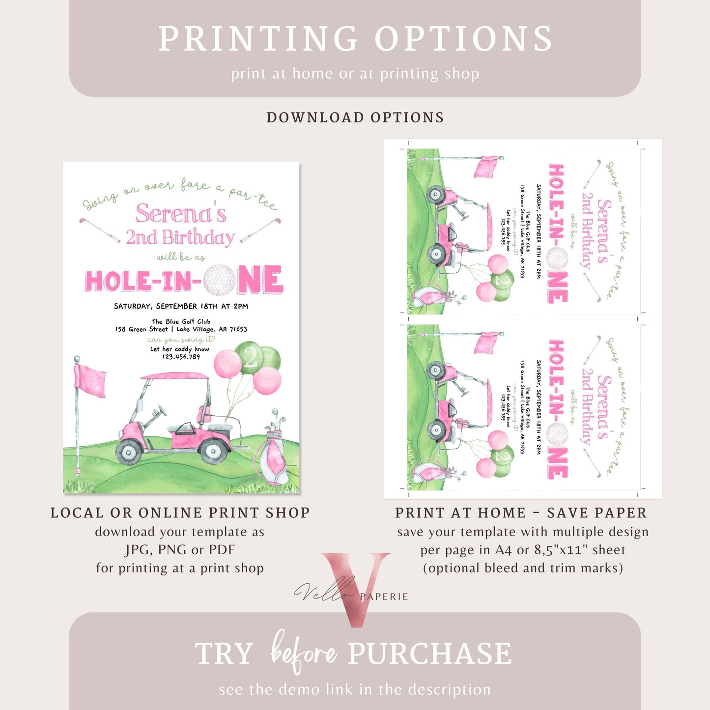 Editable Any AGE Hole In One Birthday Invitation | Golf Any Age Birthday Par-tee Invite | Girl Golfing Master Party Pink Green | Lets Partee
