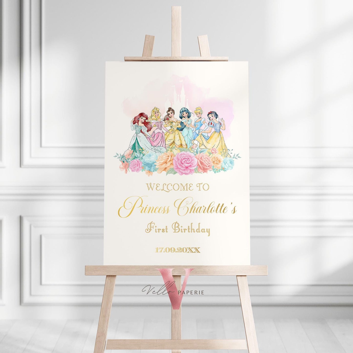 Editable Printable Princess Birthday Welcome Sign | Once Upon a Time Birthday Party Decor Sign | Beige Gold Princess Watercolor Sign PB01