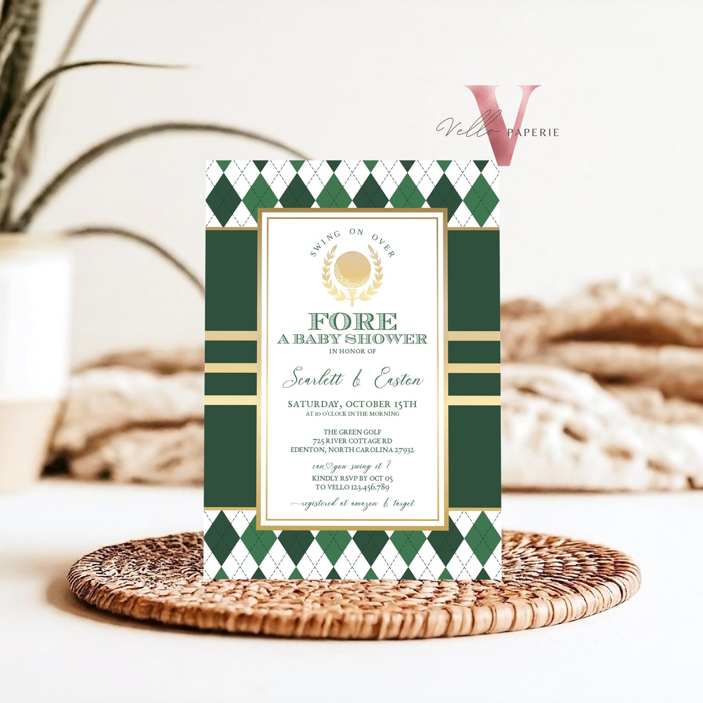 White Green Gold GOLF Baby Shower Invitation | Emerald Green Golf Themed Par-tee For Baby | Boy or Girl Gender Reveal Golf Party Invite