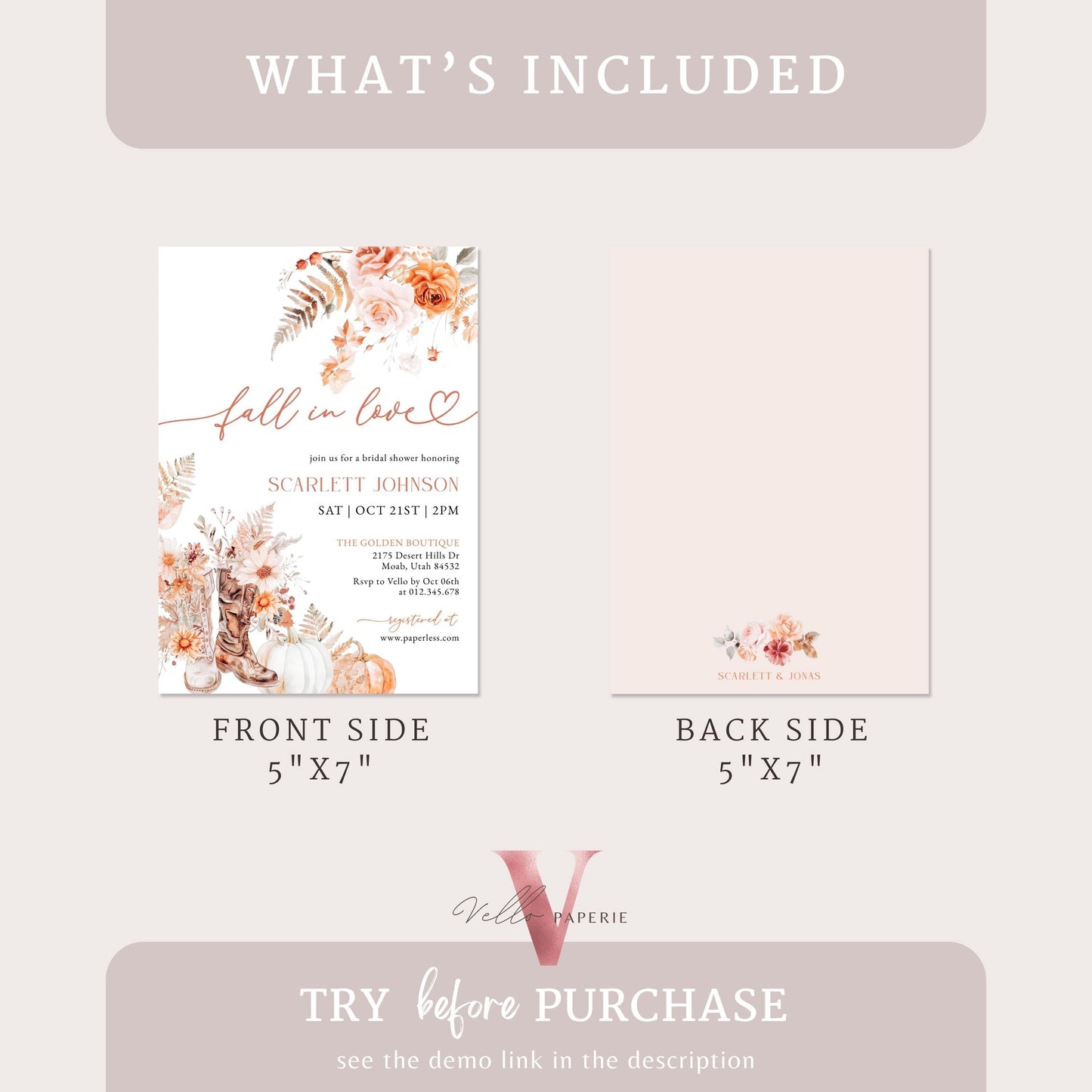 Fall In Love Bridal Shower Invitation | Editable Autumn Shoe Flower Bride Shower Invite | Modern Terracota Rustic Flower Wedding Shower,