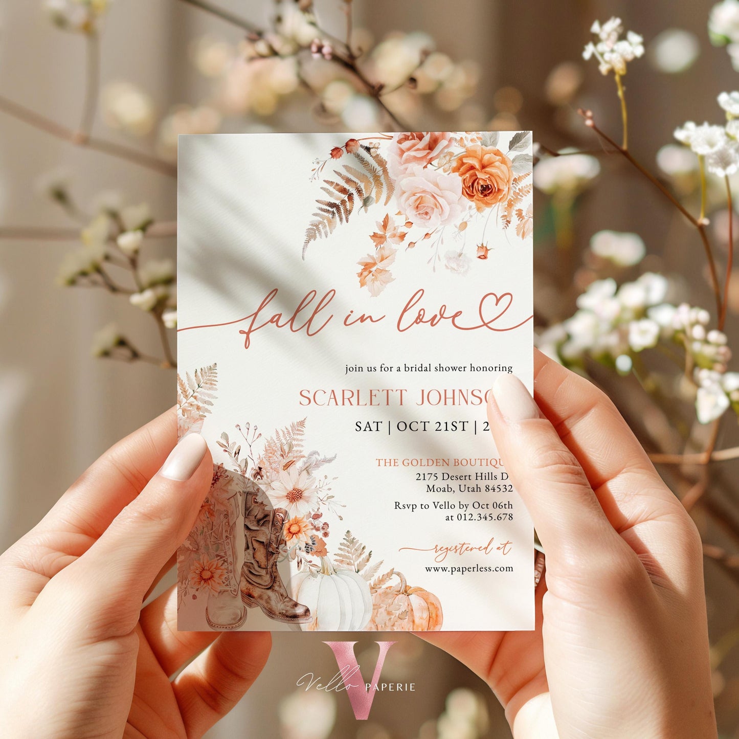 Fall In Love Bridal Shower Invitation | Editable Autumn Shoe Flower Bride Shower Invite | Modern Terracota Rustic Flower Wedding Shower,