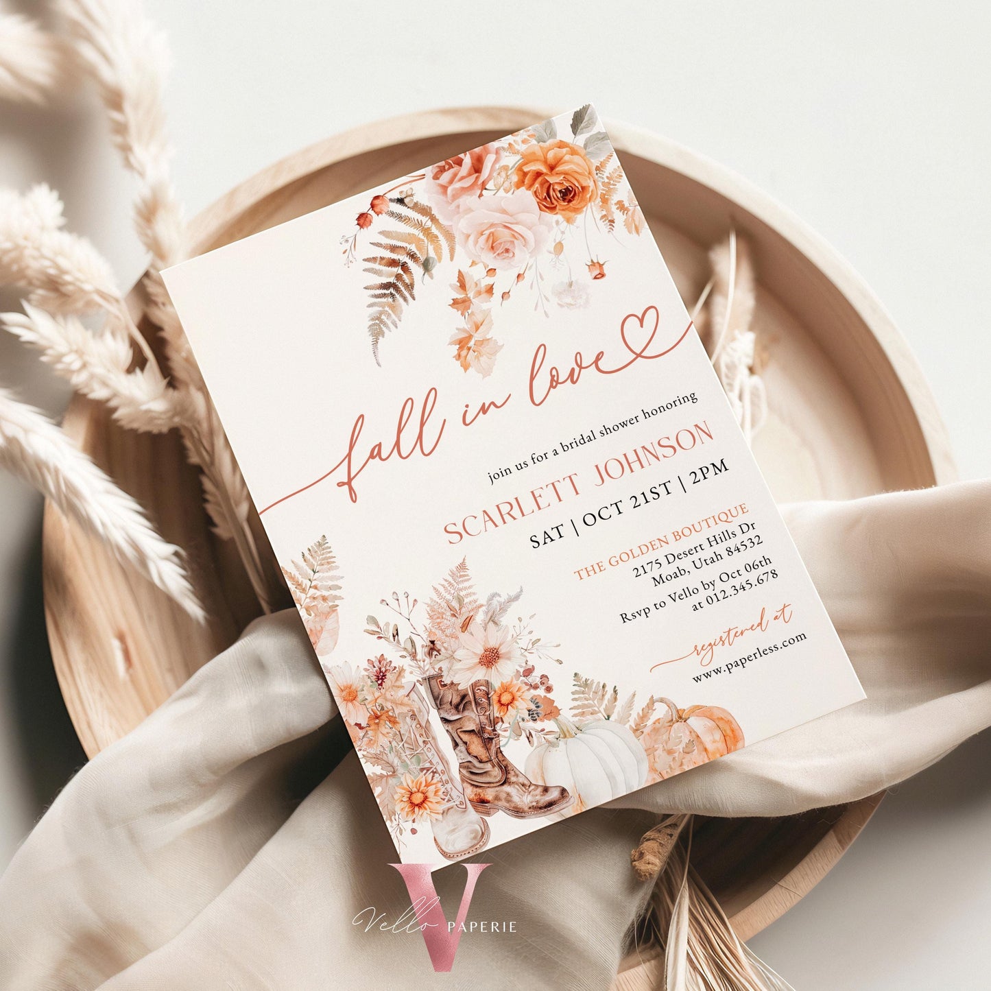 Fall In Love Bridal Shower Invitation | Editable Autumn Shoe Flower Bride Shower Invite | Modern Terracota Rustic Flower Wedding Shower,