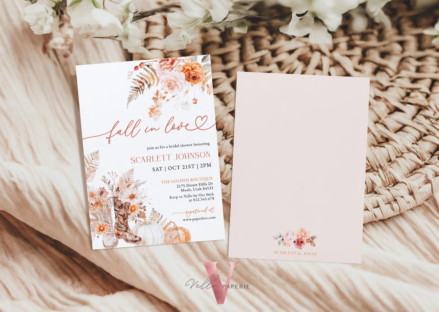 Fall In Love Bridal Shower Invitation | Editable Autumn Shoe Flower Bride Shower Invite | Modern Terracota Rustic Flower Wedding Shower,