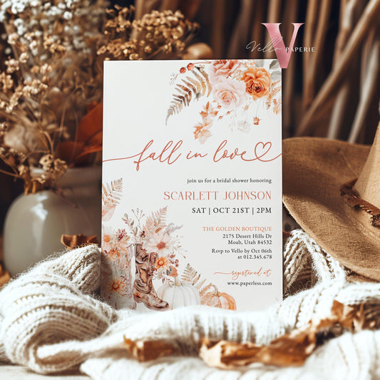 Fall In Love Bridal Shower Invitation | Editable Autumn Shoe Flower Bride Shower Invite | Modern Terracota Rustic Flower Wedding Shower,