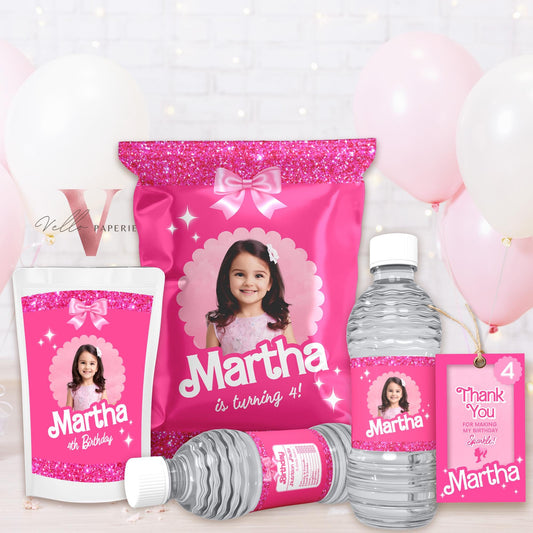 Photo Pink Doll Birthday Party Favor | Sparkle Hot Pink Party Decor | Chips Bag, Water Bottle Label, Caprisun, Rice Krispie, Thank Tag HPD01