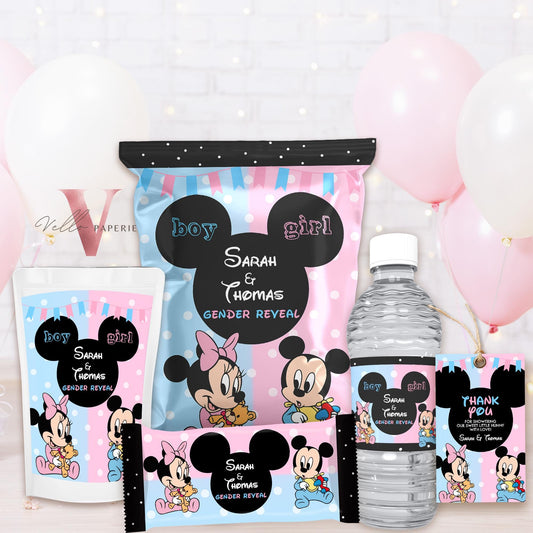 Mouse BABY Shower Party Favors | Gender Reveal Minnie Mickey Party Chips Bag, Water Bottle Label, Caprisun, Rice Krispie, Thanks Tag MBS02