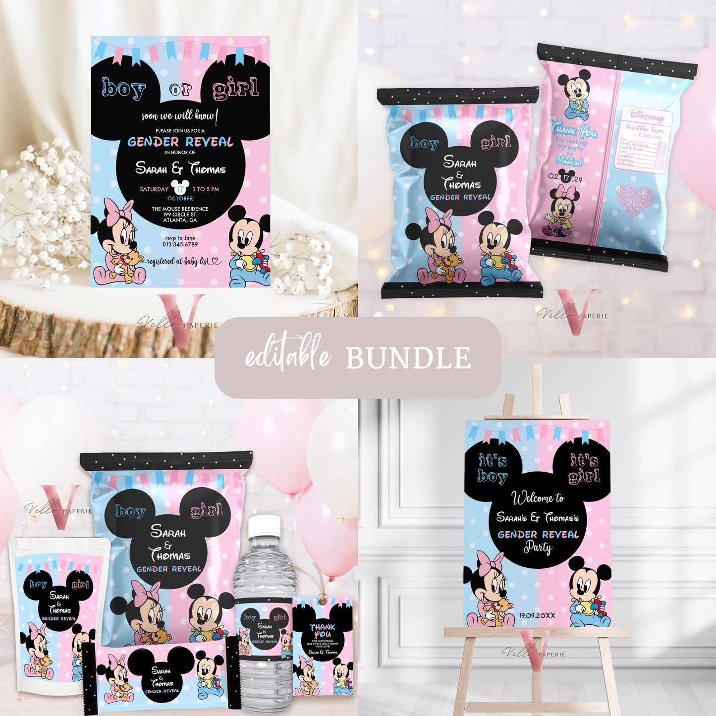 Minnie Mickey BABY Shower BUNDLE | Gender Reveal Mouse Party Invite, Chips Bag, Water Bottle Label, Caprisun, Rice Krispie, Thank Tag MBS02