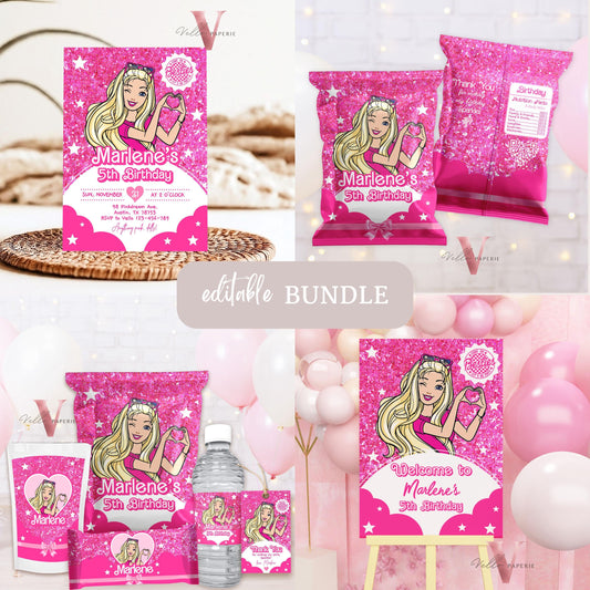 Fashion Pink Doll Birthday BUNDLE | Sparkle Hot Pink Party Invite, Welcome Sign, Chips Bag Bottle Label Caprisun Rice Krispie Thankyou Tag