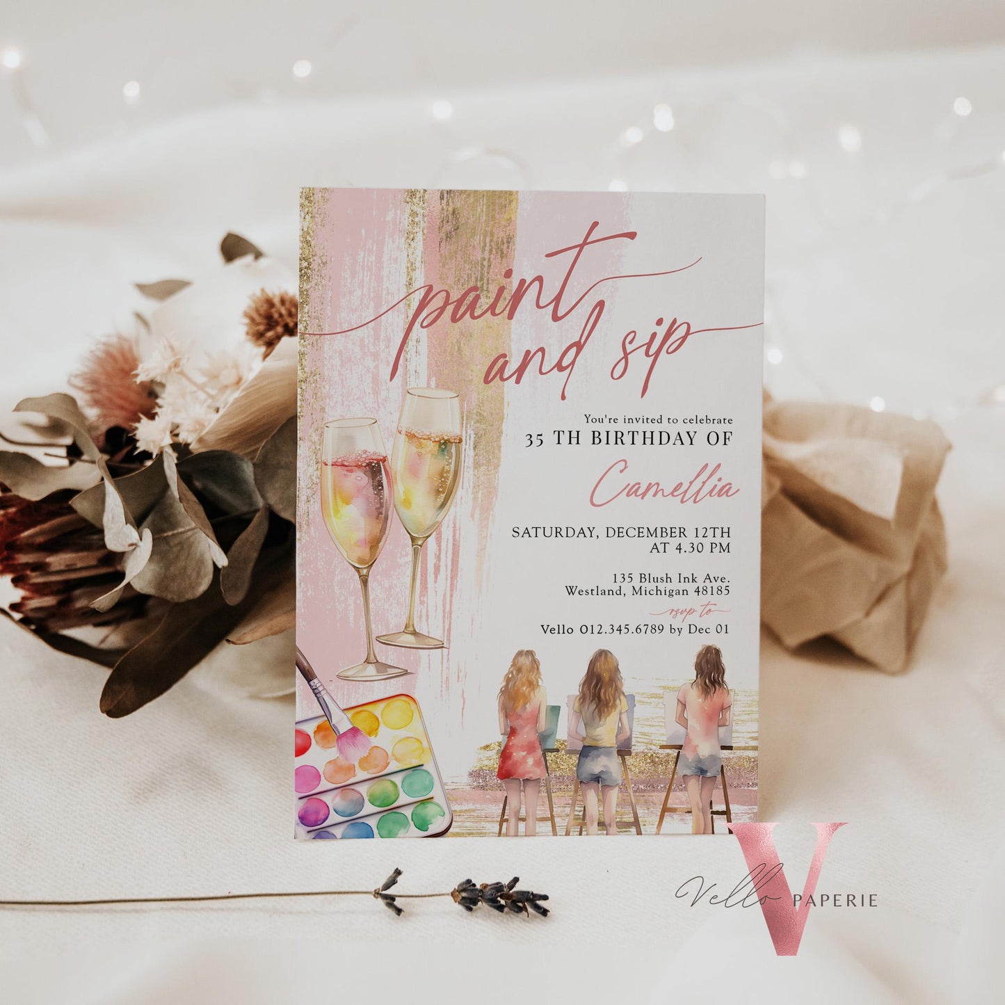 Blush Rose Gold Paint and Sip Party Invitation | Editable Adult Champagne Art Party | Wine Birthday Wine Invitation | Creative Drink Party