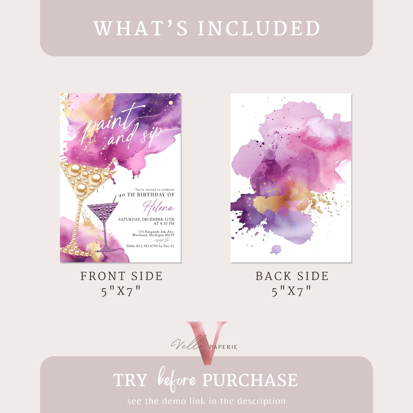 Purple Gold Sparkle Paint and Sip Party Invitation | Editable Adult Champagne Art Party | Wine Birthday Wine Invite| Creative Drink Party