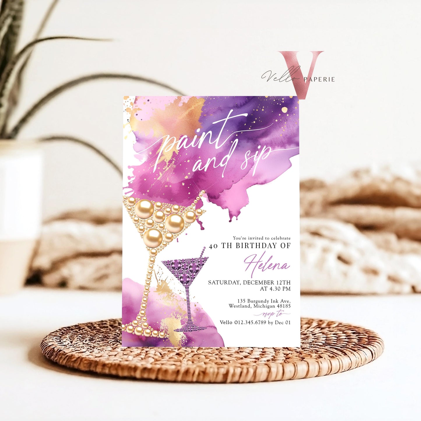 Purple Gold Sparkle Paint and Sip Party Invitation | Editable Adult Champagne Art Party | Wine Birthday Wine Invite| Creative Drink Party