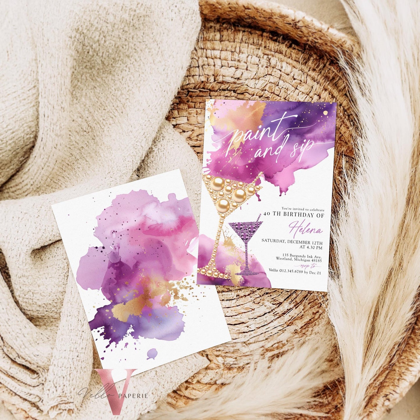 Purple Gold Sparkle Paint and Sip Party Invitation | Editable Adult Champagne Art Party | Wine Birthday Wine Invite| Creative Drink Party