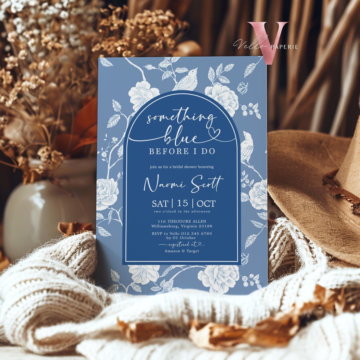 Something Blue before I DO Bridal Shower Party Invitation | Blue Toile de Juoy Flower Invite | Arch Vintage Blue Botanical BridetoBe Instant