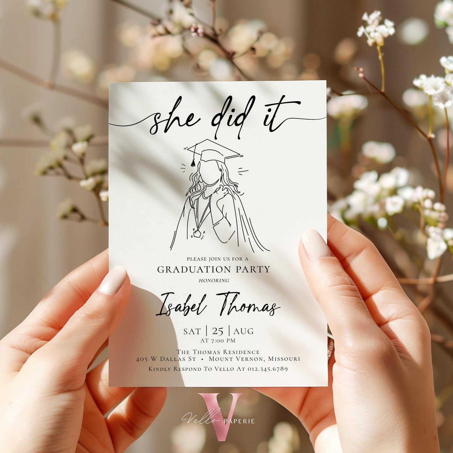She Did It Graduation Invitation | Editable Graduation Party Invite with photo | Class of 2024 Announcement College Graduation Celebration