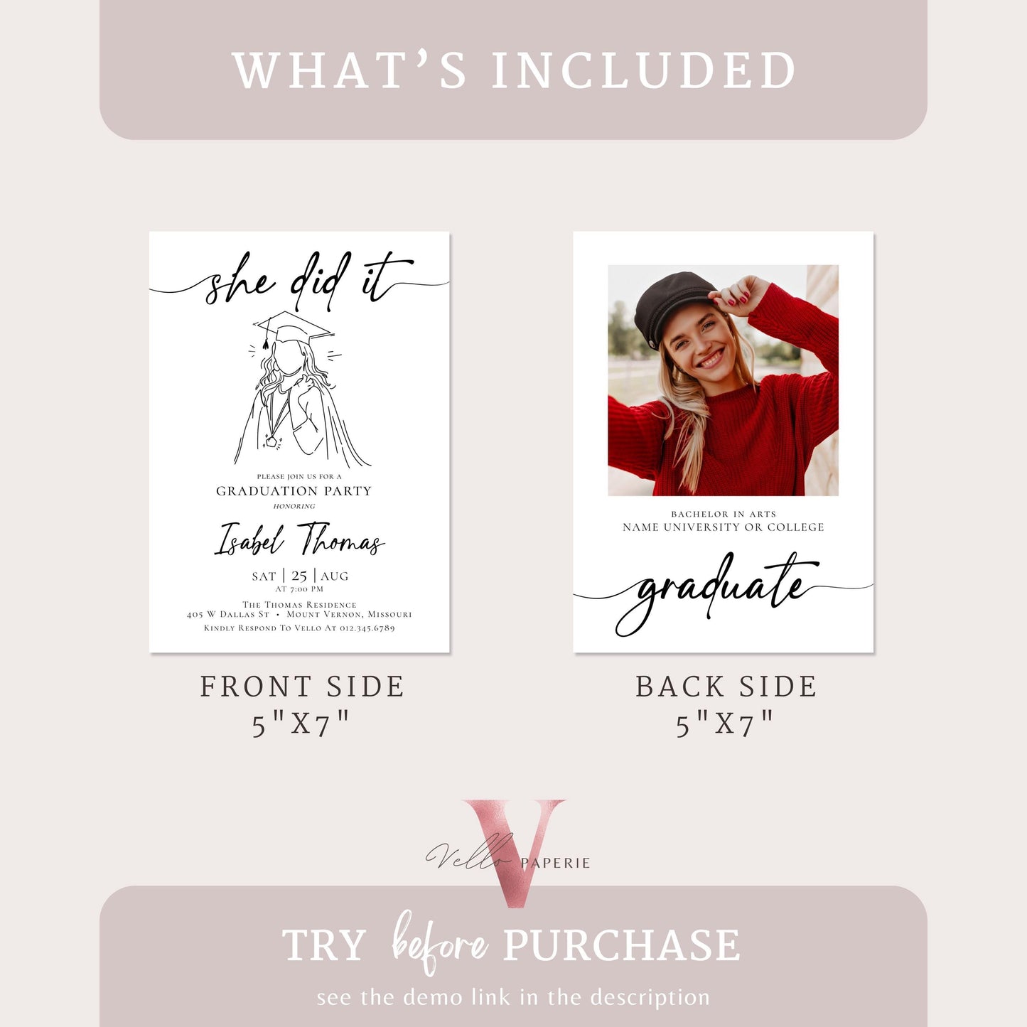 She Did It Graduation Invitation | Editable Graduation Party Invite with photo | Class of 2024 Announcement College Graduation Celebration