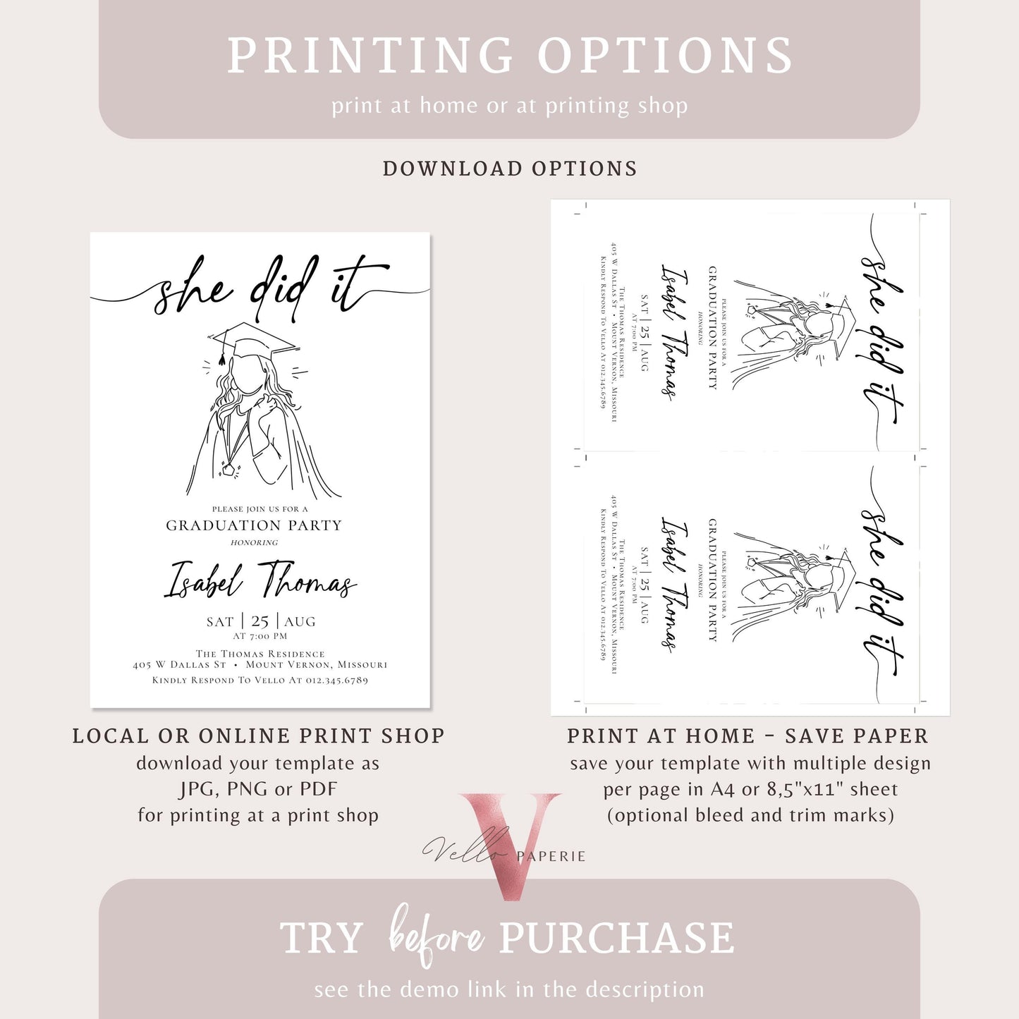 She Did It Graduation Invitation | Editable Graduation Party Invite with photo | Class of 2024 Announcement College Graduation Celebration