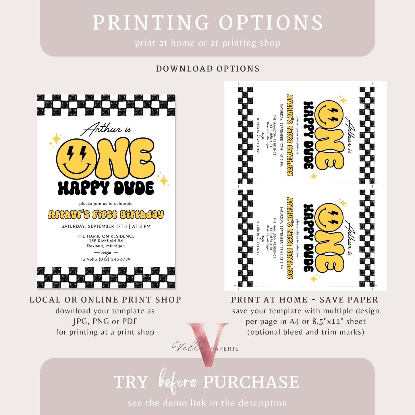 Smile One Happy Dude Birthday Invitation | Editable Retro One Happy Dude First Birthday Party Invite | Emoji Face | Lighting Bolt Smile BW